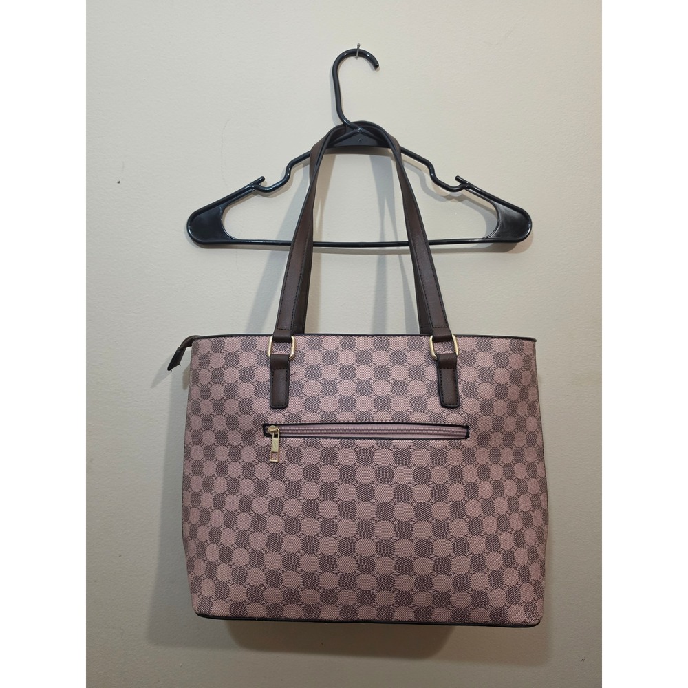 Pink Brown Geometric Circle Pattern Tote Bag Faux Leather Zippered Shoulder Bag